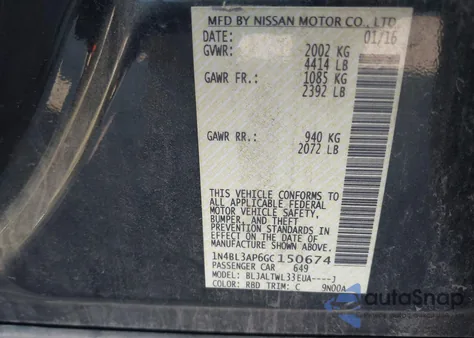 2016 Nissan Altima 3.5 Sl z USA, uszkodzony, nr VIN 1N4BL3AP6GC150674